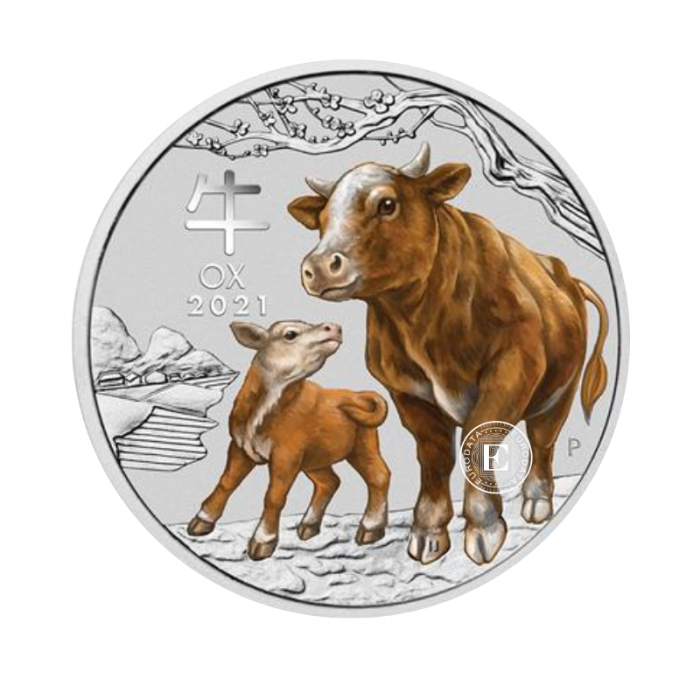 1 oz (31.10 g) silver colored  PROOF coin Lunar III - Year of  Ox, Australia 2021 (with certificate)