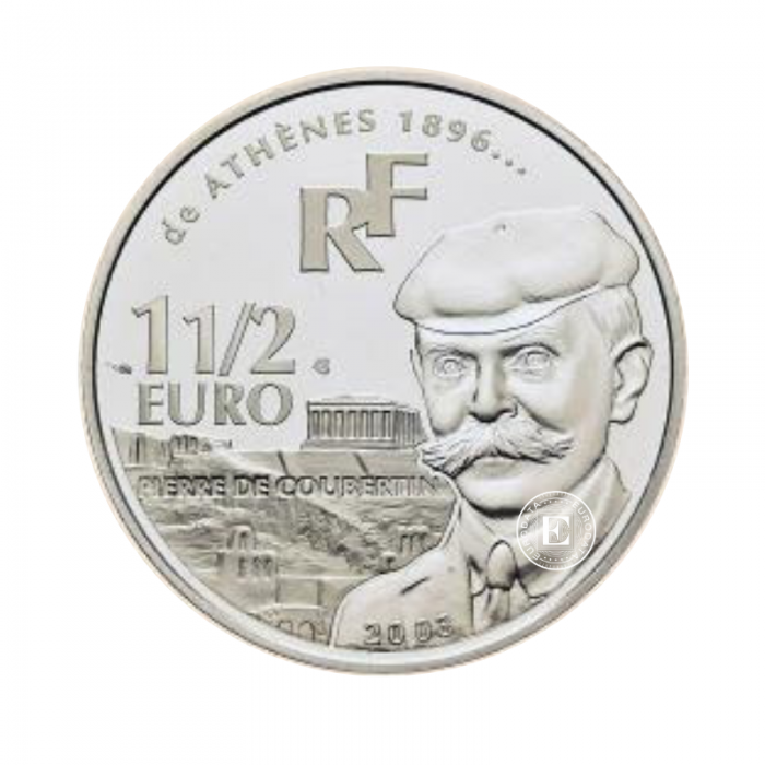 1.5 Eur (22.20 g) sidabrinė PROOF moneta Pierre de Coubertin, Prancūzija 2003