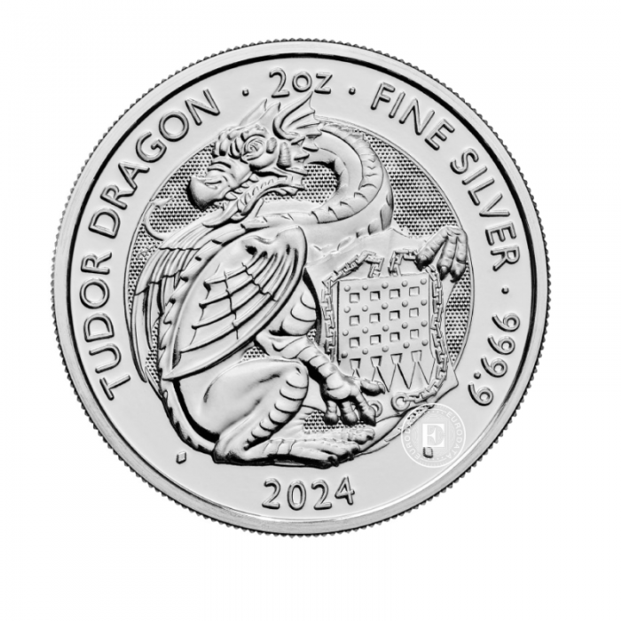 2 oz (62.20 g) sidabrinė moneta Tudor Beasts - Drakonas, Didžioji Britanija 2024