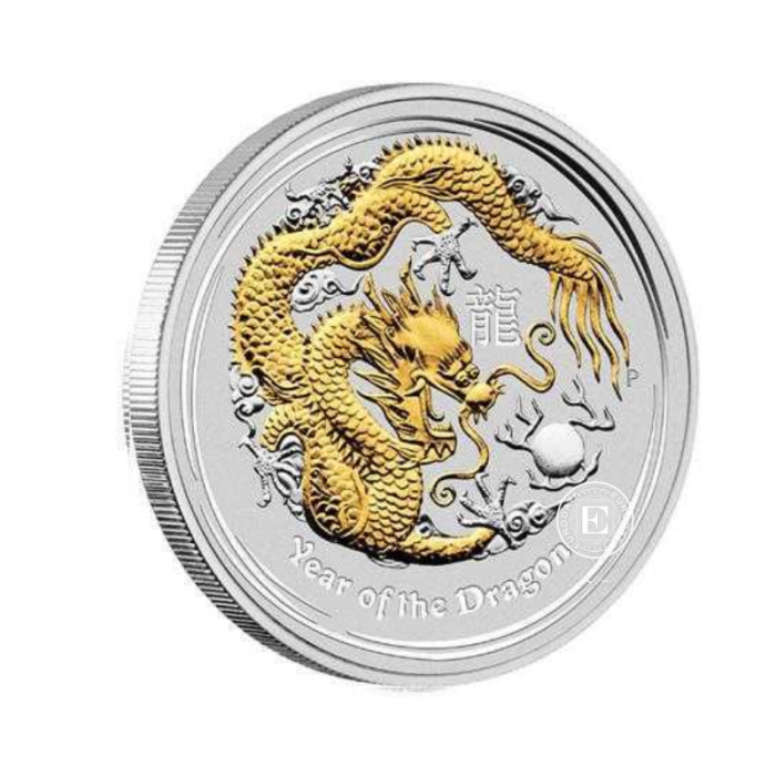 1 oz (31.10 g) srebrna moneta Lunar II -  Dragon, Australia 2012 (częściowo pozłacana)