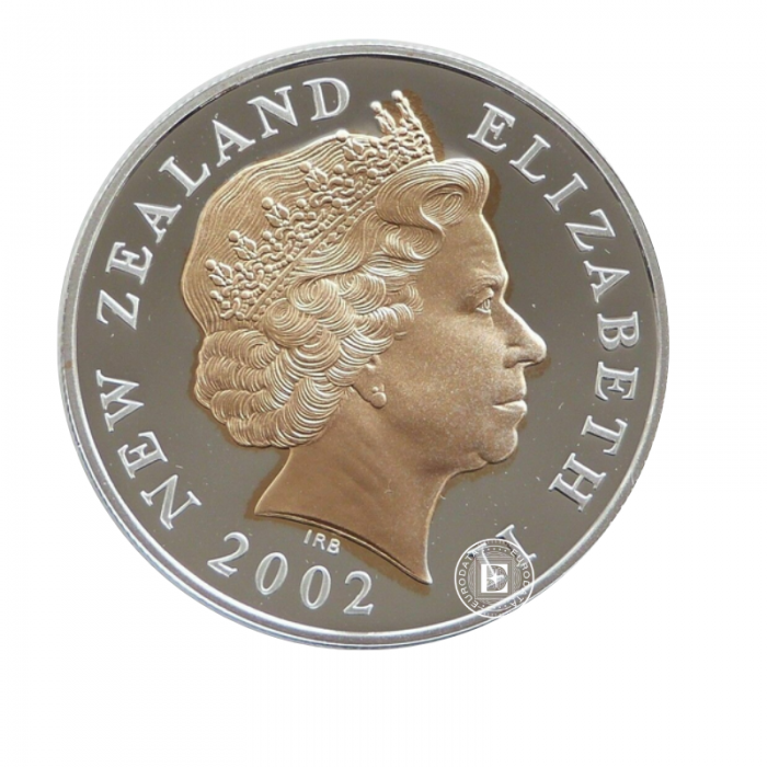 5 Eur (28.28 g) sidabrinė PROOF moneta Karalienės Elžbietos II auksinis jubiliejus, Naujoji Zelandija 2002 (dalinai paauksuota)