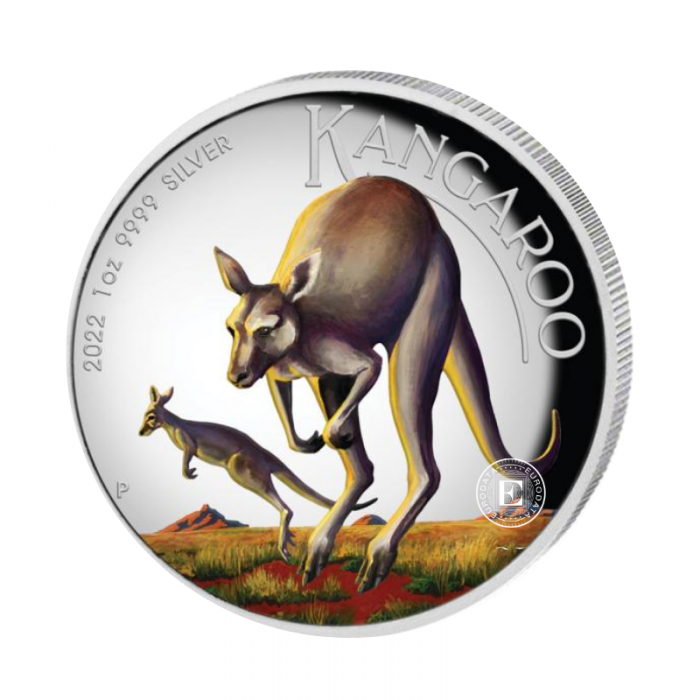 1 oz (31.10 g) sidabrinė PROOF spalvota moneta Kengūra, Australija 2022 (su sertifikatu, aukštas reljefas)