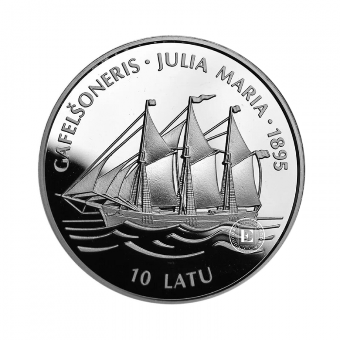 10 lat (31.47 g) srebrna PROOF moneta Sailing ship - Julia Maria, Łotwa 1995