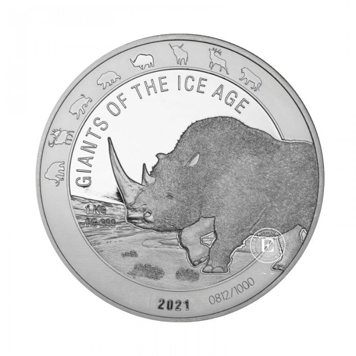 1 kg srebrna moneta Giants of the Ice Age - Rhinoceros, Republika Ghany 2021