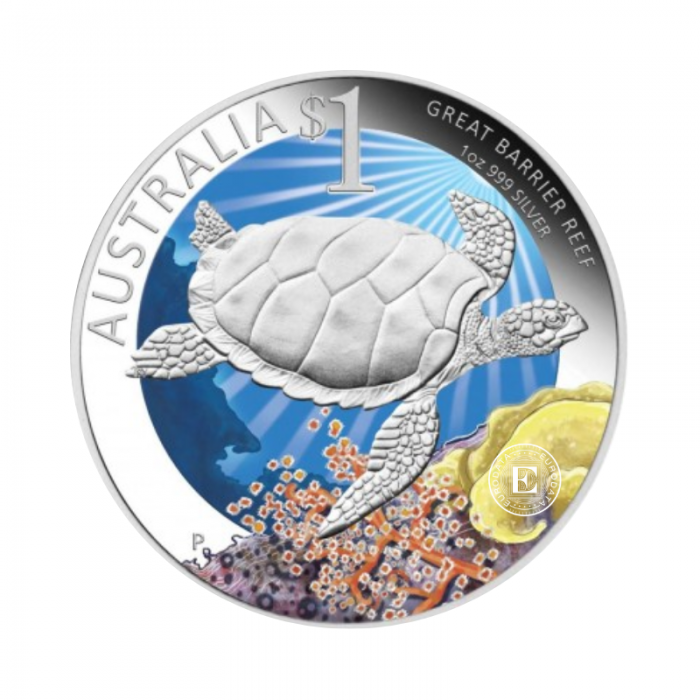 1 oz (31.10 g) pièce d'argent PROOF coloree Great Barrier Reef - Turtle, Australie 2011 (avec certificat)