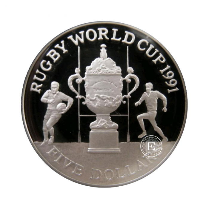 5 dollars (28.28 g) silver PROOF coin Rugby World Cup, New Zealand 1991