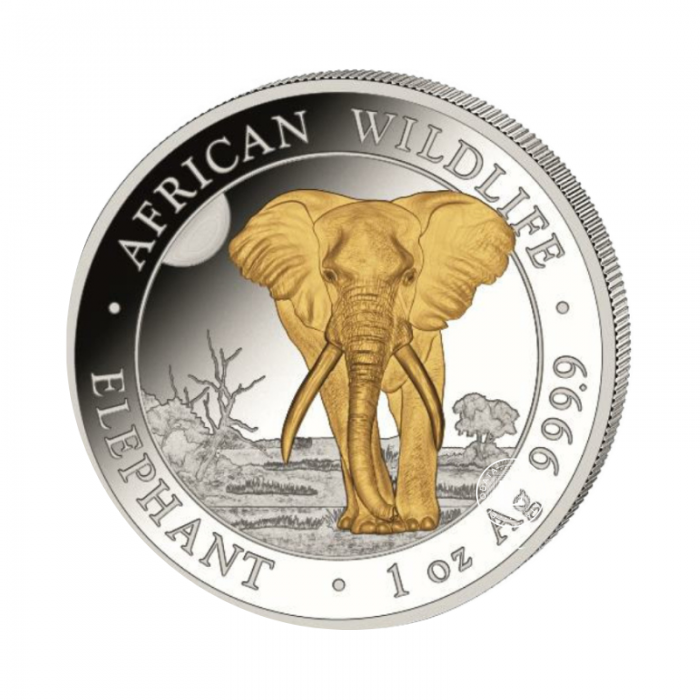 1 oz (31.10 g) pièce d'argent Faune Africaine - Éléphant, Somalie 2025 (plaqué or partiel)