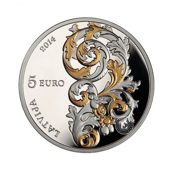 5 Eur (22 g) pièce d'argent PROOF Baroque of Courtland, Lettonie 2014 (partiellement plaqué or)