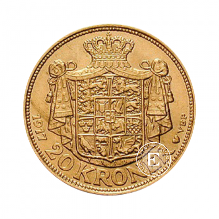 20 kronų (8.06 g) auksinė moneta Christian X, Danija 1913-1917