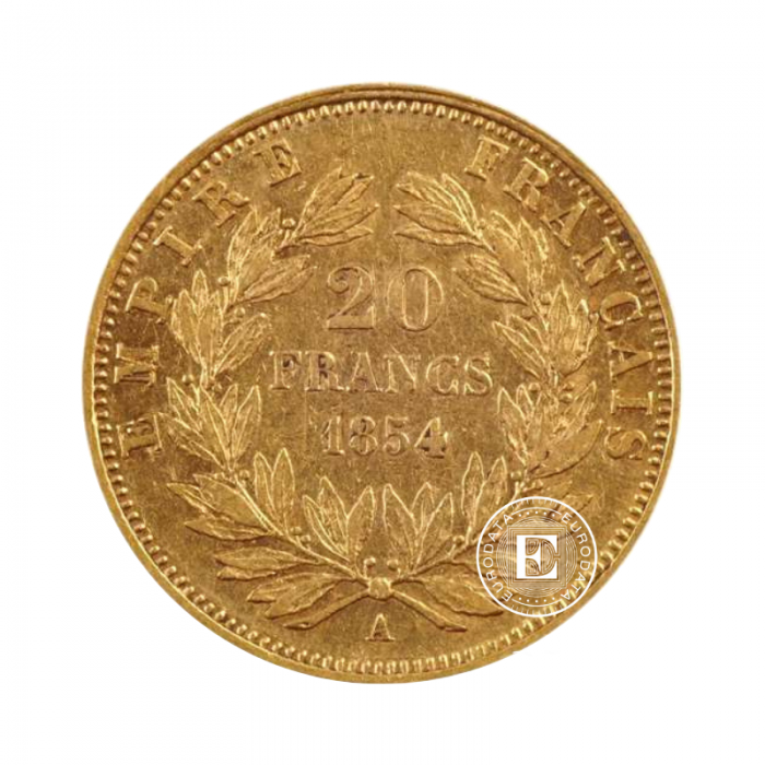 20 frankių (5.81 g) auksinė moneta Napoleon III be vainiko, Prancūzija 1853-1860