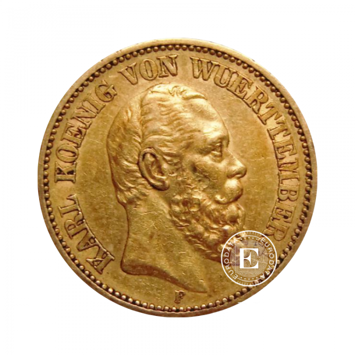 20 markių (7.16 g) auksinė moneta Karl King of Wurttemberg, Vokietija 1872-1876