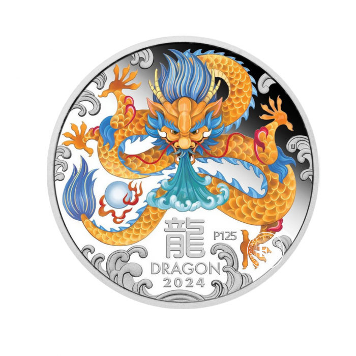 1 oz (31.10 g) sidabrinė PROOF spalvota moneta Lunar III -  Drakono metai, Australija 2024 (su sertifikatu)