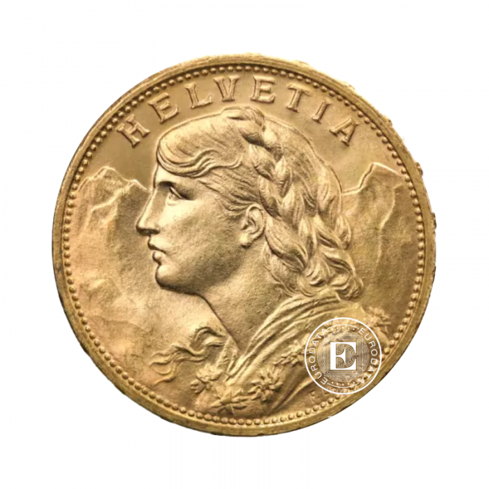 20 frankų (6.45 g) auksinė moneta Helvetia, Šveicarija 1897-1949