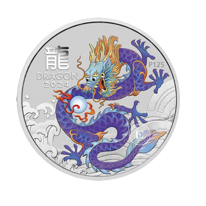 1 oz (31.10 g) silver colored coin on coincard Lunar III - Year of  Dragon, Australia 2024 (purple)